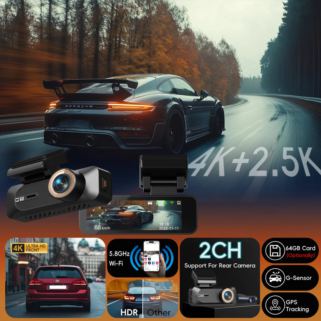 QOZ Dash Cam 4K Mini Car Dvr 2.5K Rear View Camera Support Dual Lens Built-in WIFI APP Control 24H Parking WDR Night Vision GPS