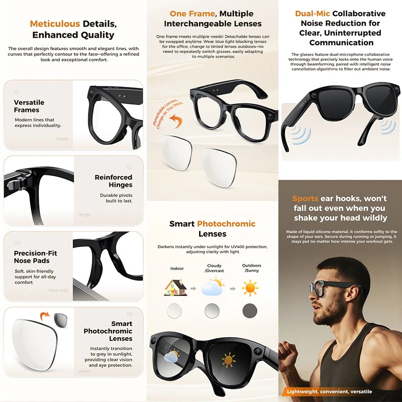 2026 New Smart Glasses with Camera Video Recording AI Photo Recognition Bluetooth Call Voice Translation Sunglasses Men Women