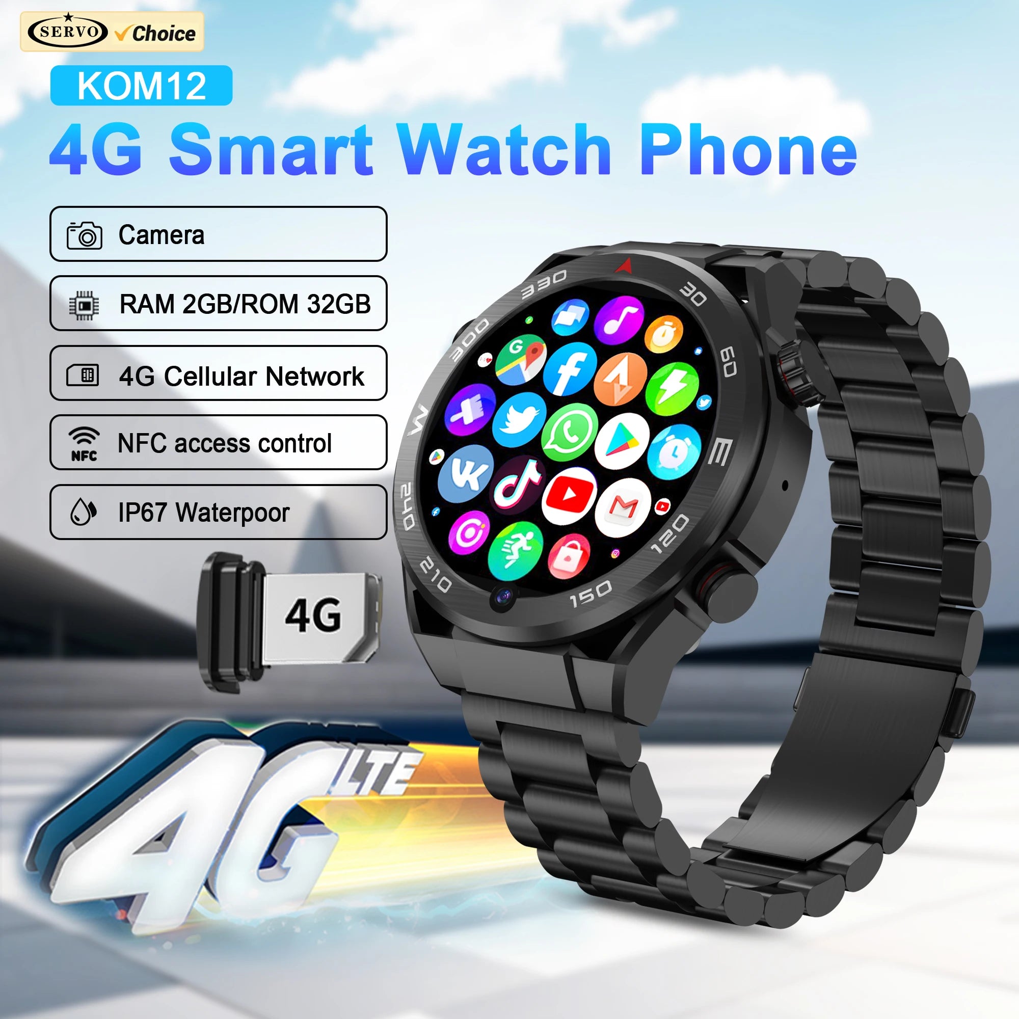 SERVO KOM12 Android OS Watch Smartphone 4G SIM Standby 1.62" Screen 2GB+32GB GPS Play Store WiFi Waterproof Smart Watch Phones